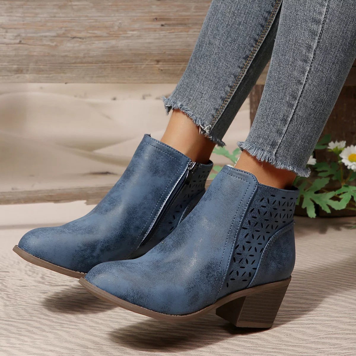 Point Toe Block Heels Boots - Blue - View 6