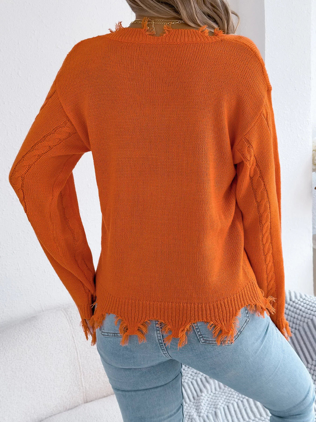 V-Neck Distressed Hem Cable Knit Sweater - Orange - View 2