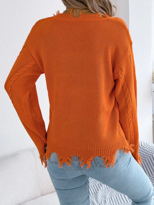 V-Neck Distressed Hem Cable Knit Sweater - Orange - View 2
