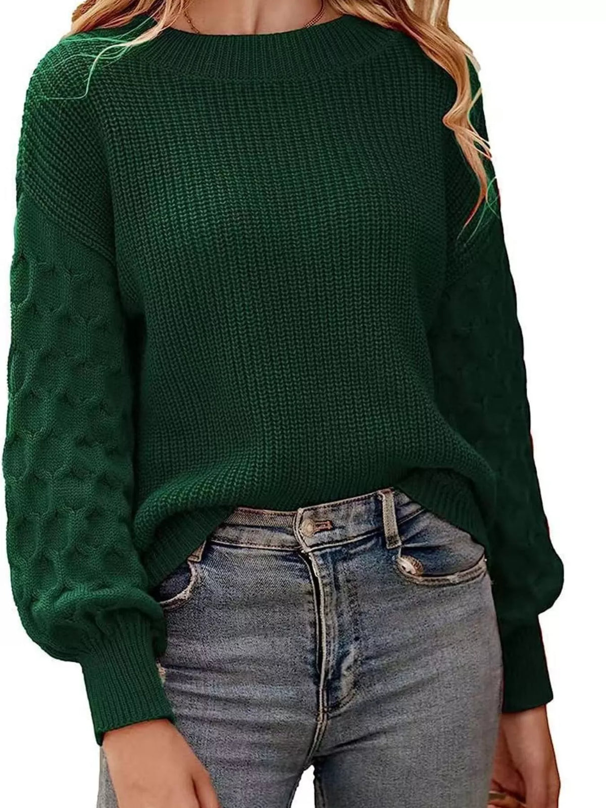 Textured Sleeve Round Neck Sweater - Green - View 1