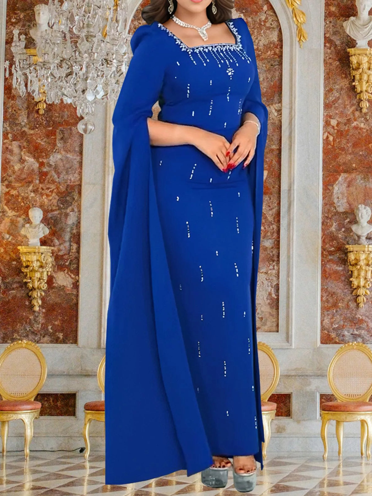Rhinestone Square Neck Slit Sleeve Maxi Dress - Royal Blue - View 1