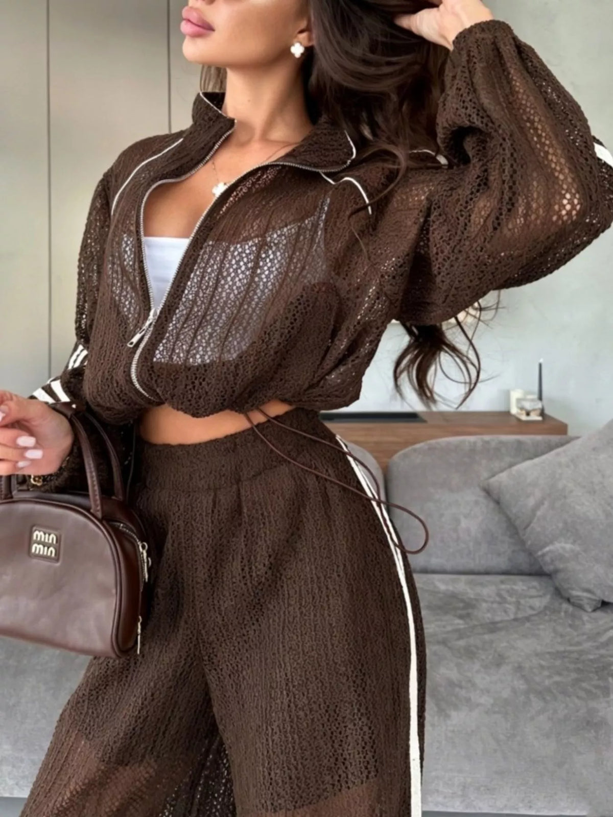 Side Stripes Zip Up Top and Pants Set - Brown - View 4
