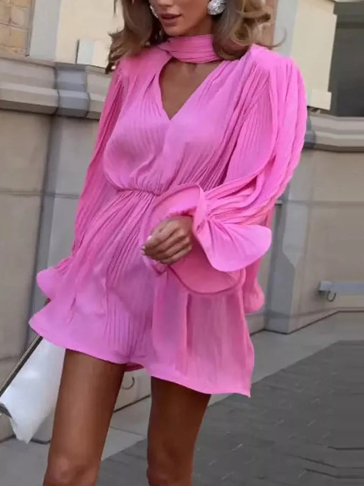 Full Size Pleated Long Sleeve Mini Dress Plus Size - Pink - View 2