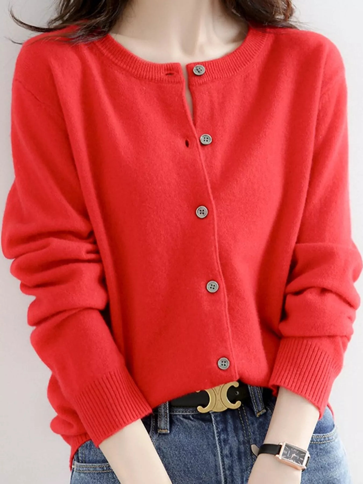 Crew-Neck Button-Down Cardigan - Bright Red - View 8