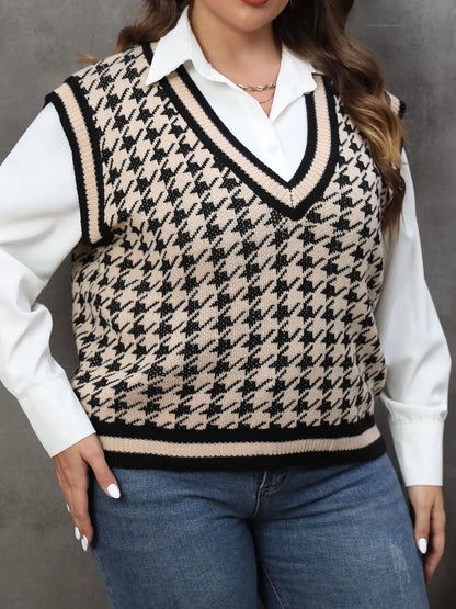 Plus Size Houndstooth V-Neck Knit Sweater Vest - Apricot - View 3