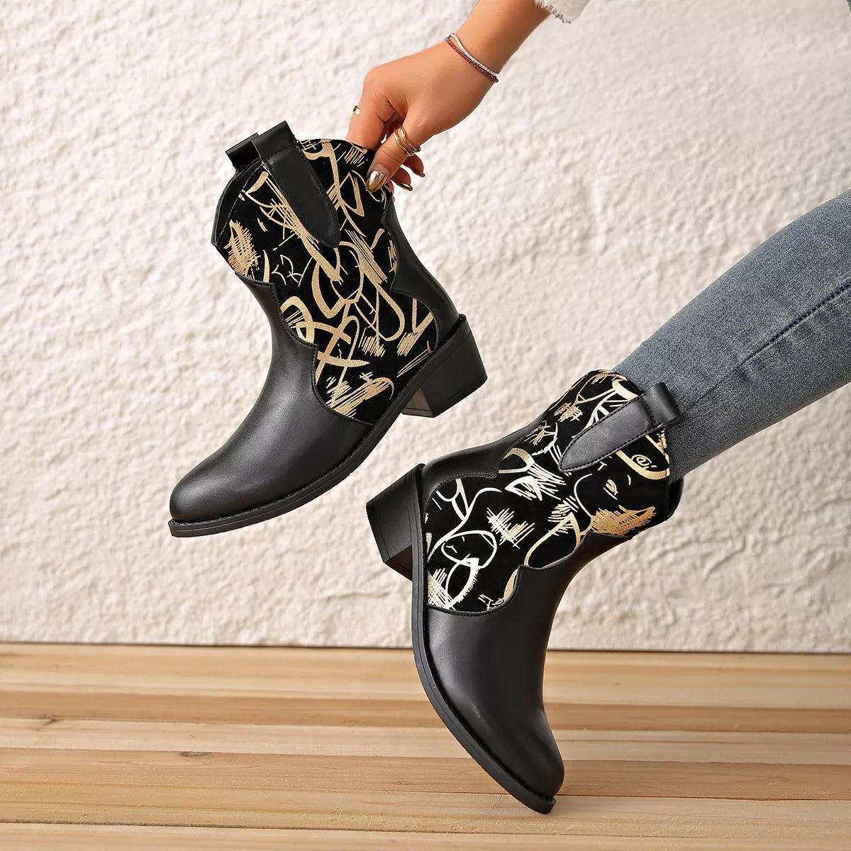 Point Toe Block Heels Boots - Black - View 5