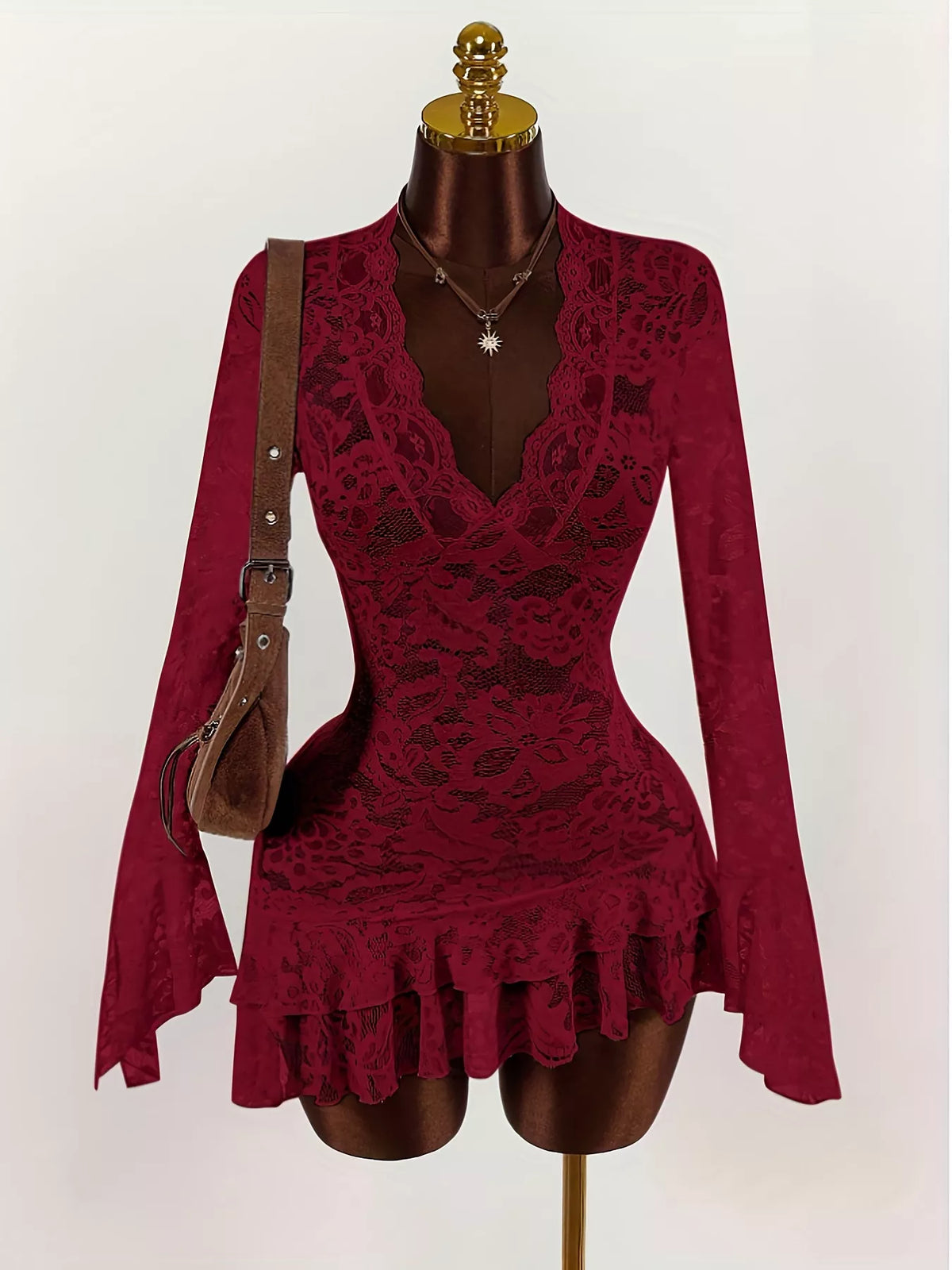 Lace V-Neck Long Sleeve Ruffled Blouse - Red - View 1