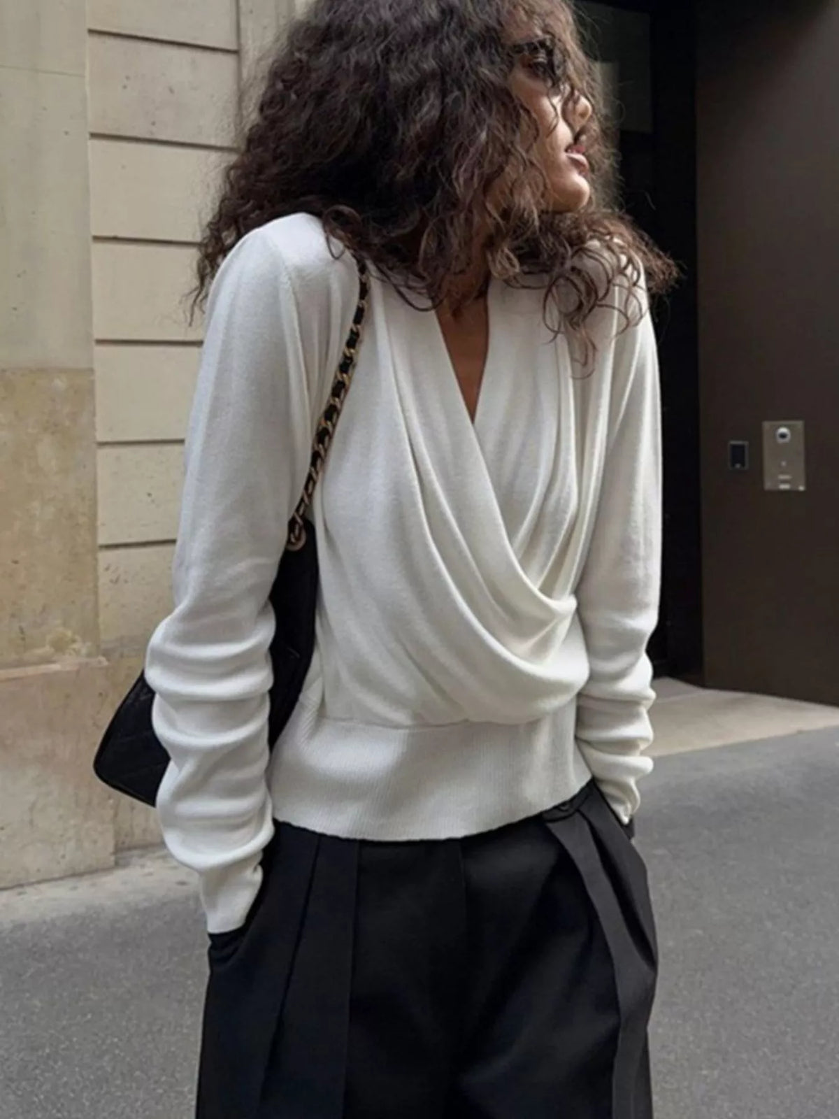 Wrap Front Long Sleeve Sweater - White - View 5