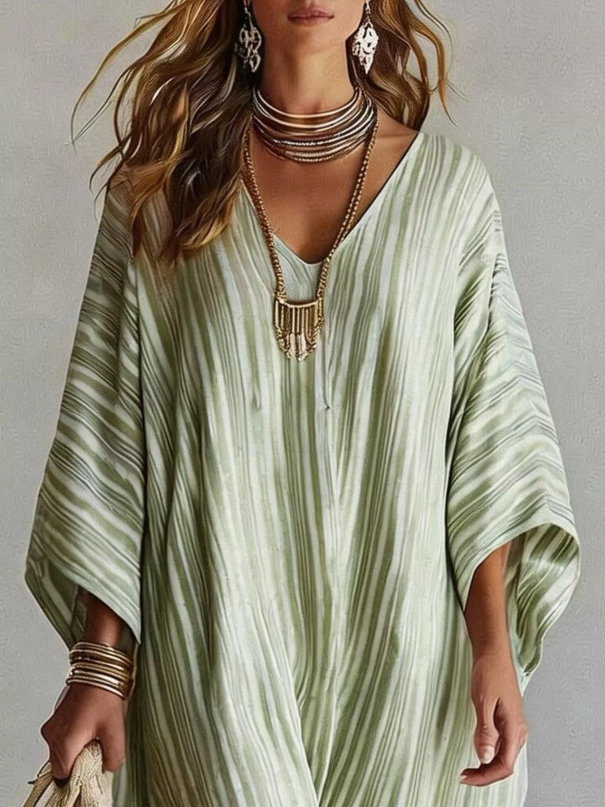 Striped V-Neck Maxi Dress - Light Green - View 2