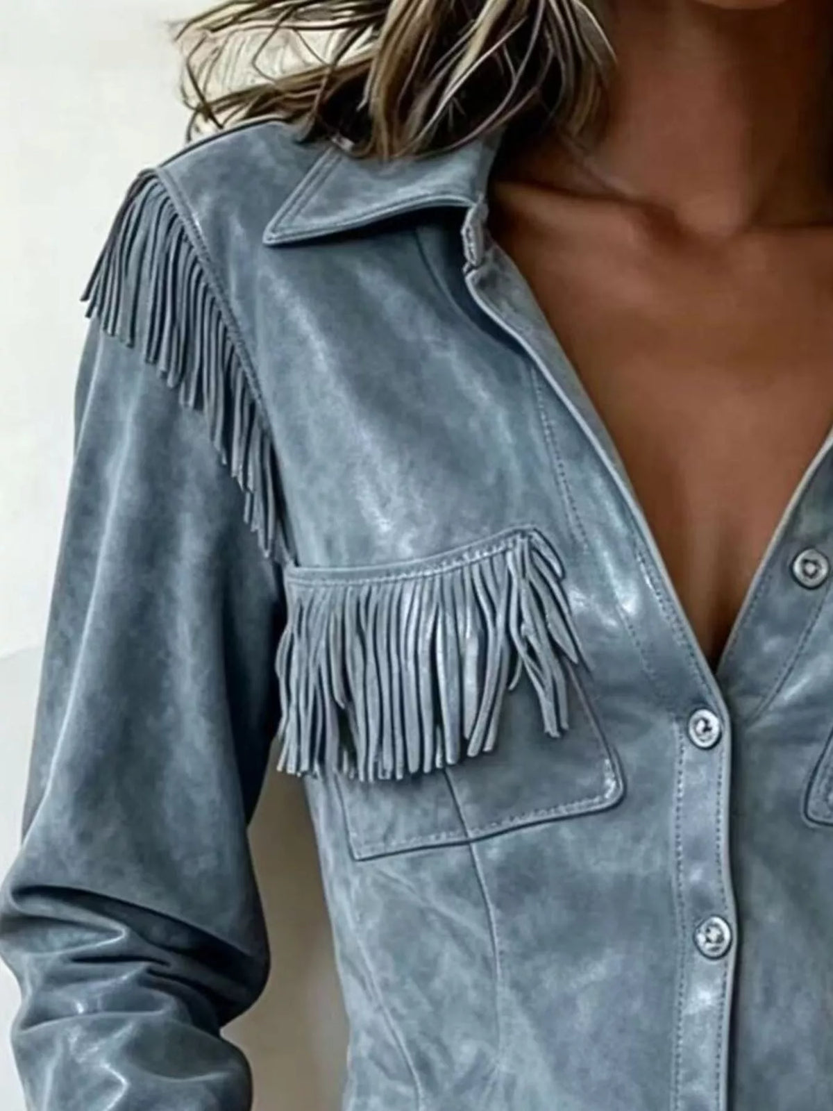 Full Size Fringed Snap Down Jacket Plus Size - Light Blue - View 2
