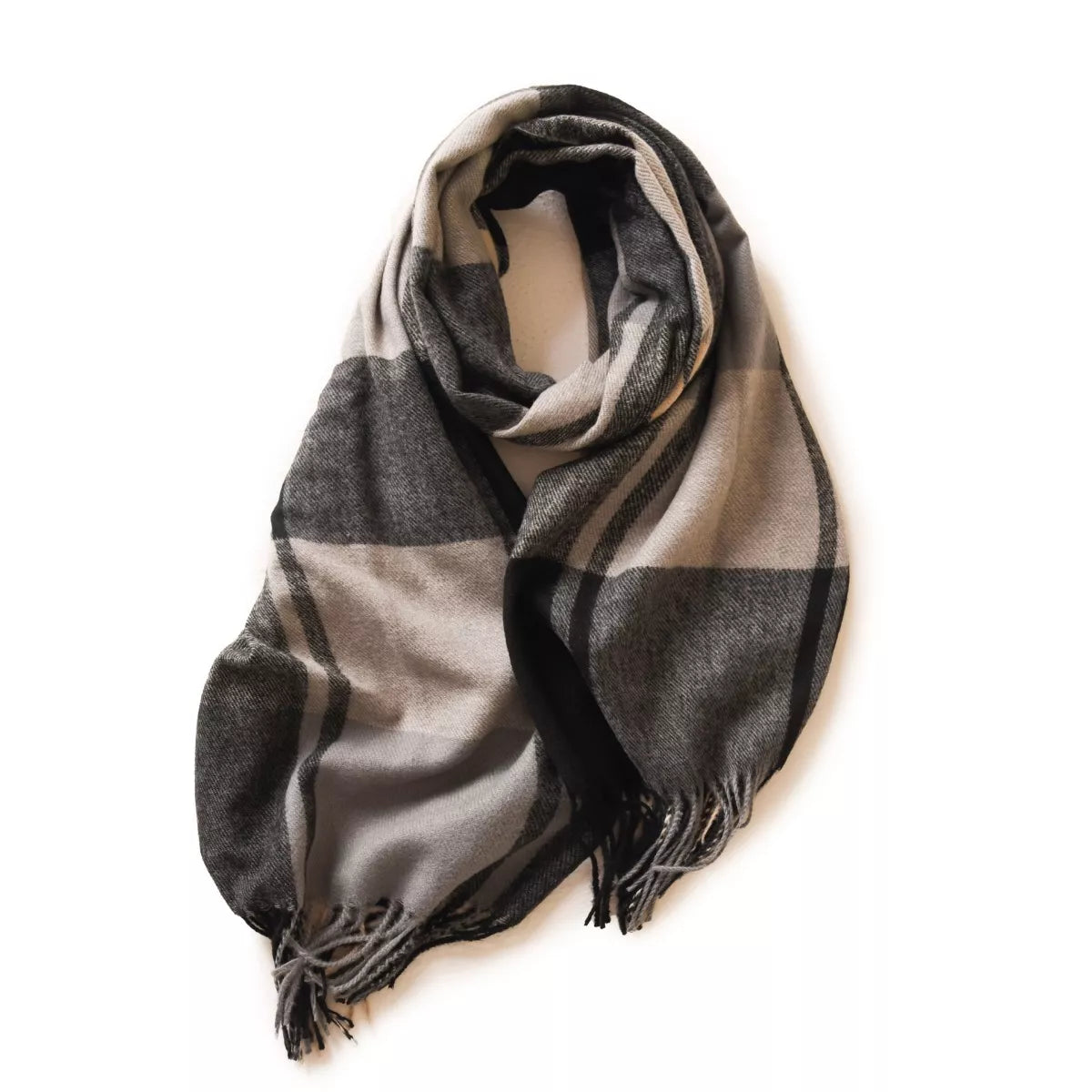 Plaid Fringe Scarf - Black Ink - View 3