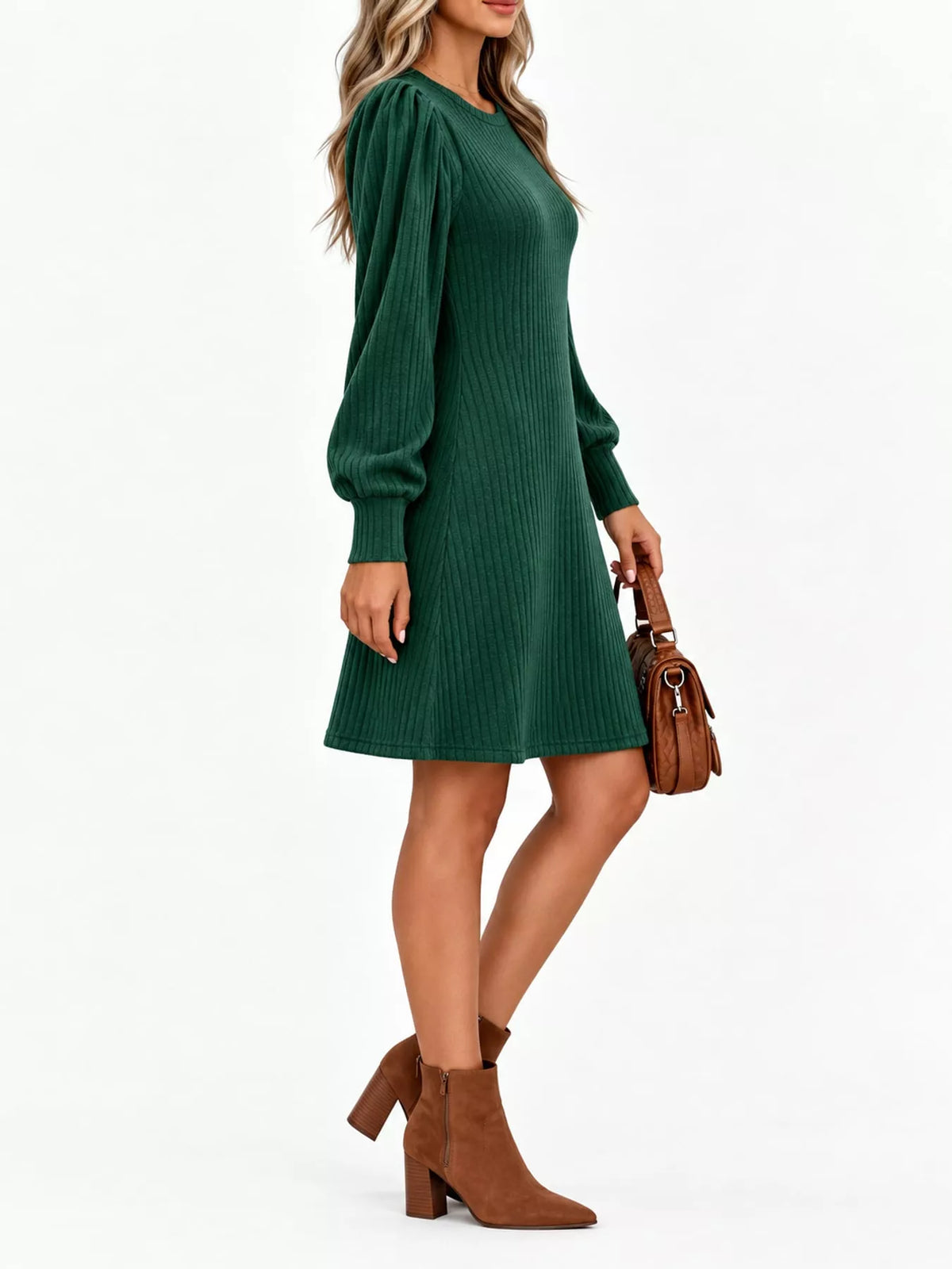 Puff Sleeve Ribbed Knit Dress with Pockets - Black Forest - View 7