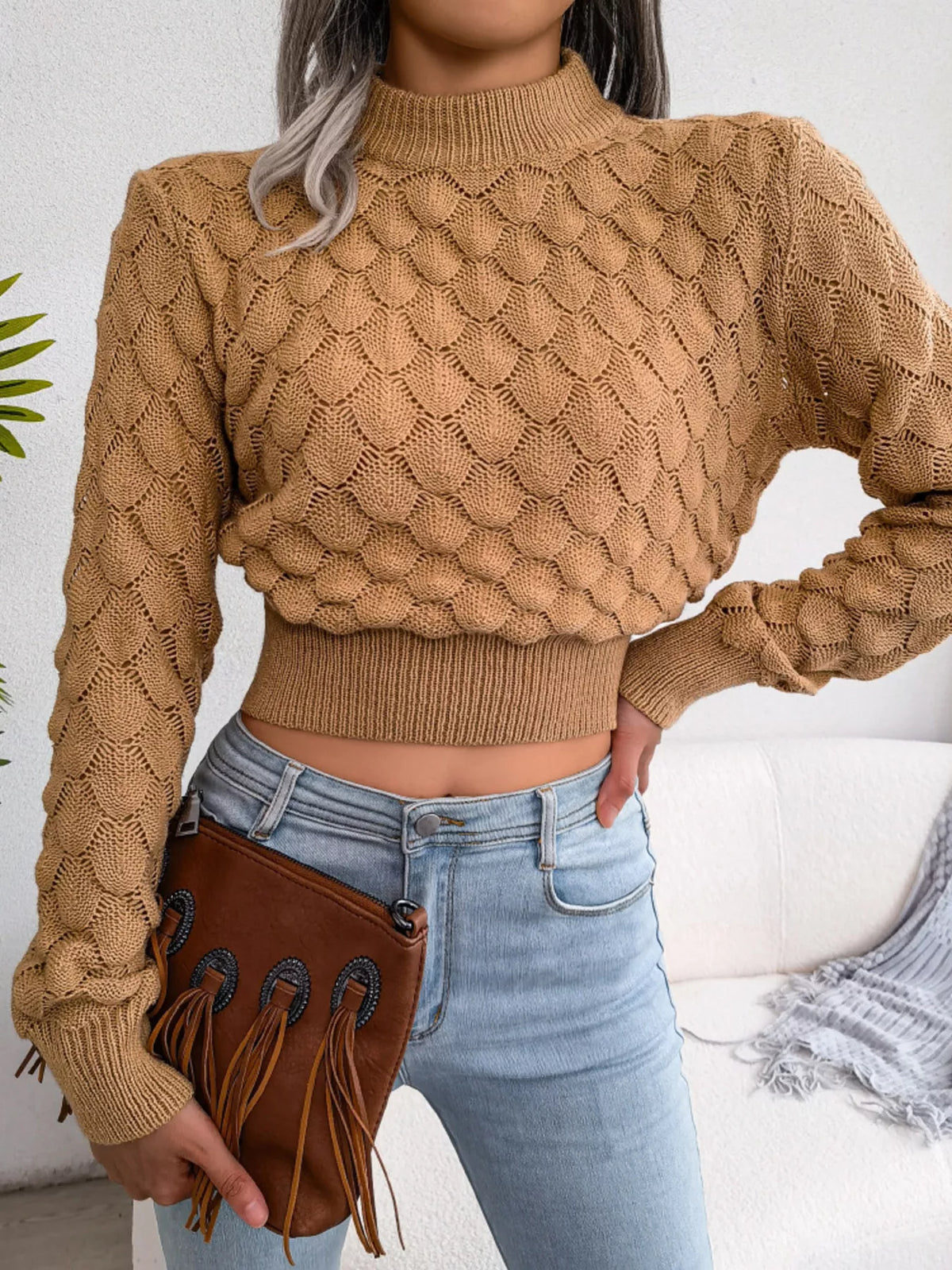 Mock Neck Textured Cropped Sweater - Camel - View 3