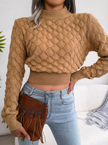 Mock Neck Textured Cropped Sweater - Camel - View 3