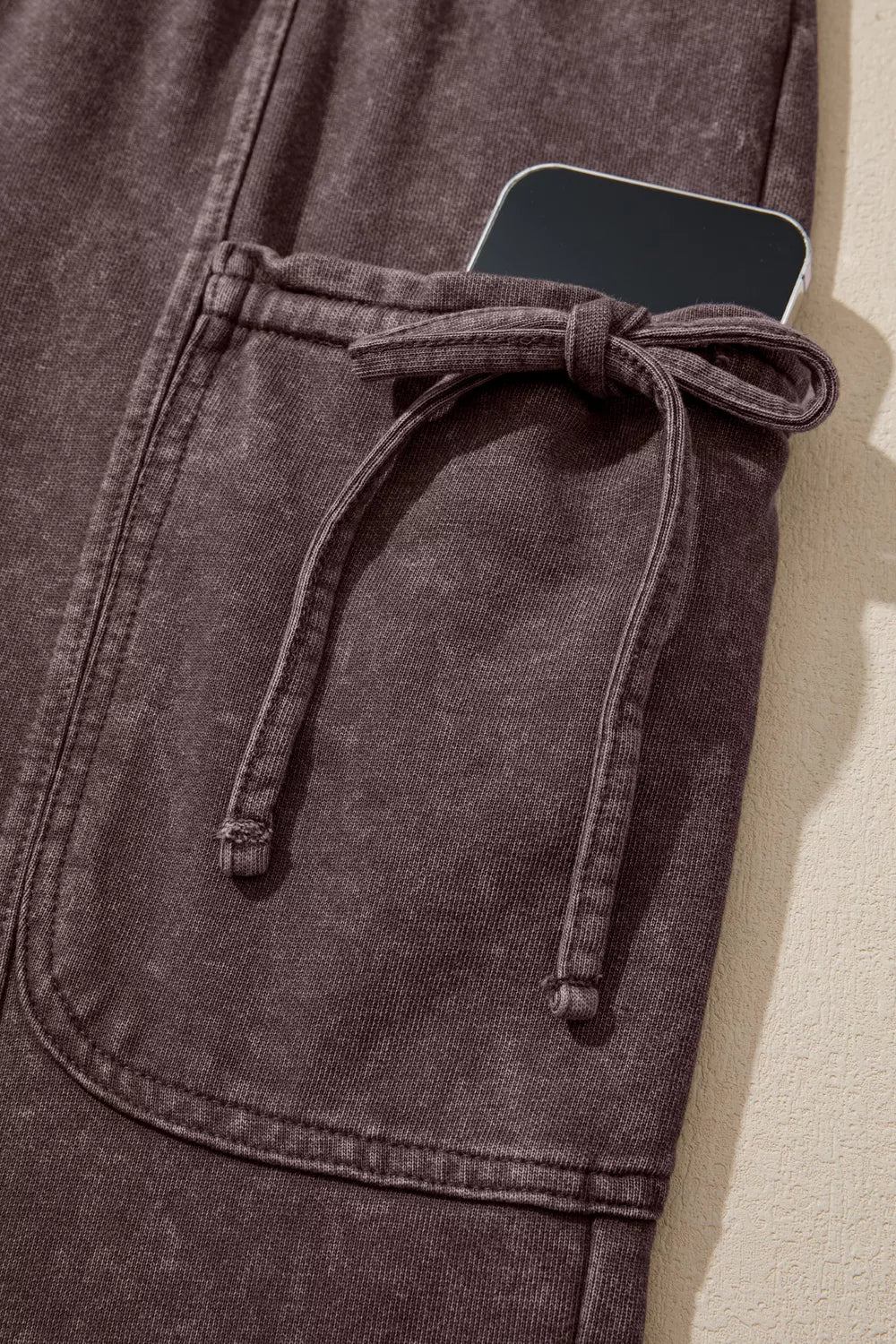 Mineral Wash Elastic Waist Drawstring Tie Detail Cargo Pants - Dark Brown - View 6