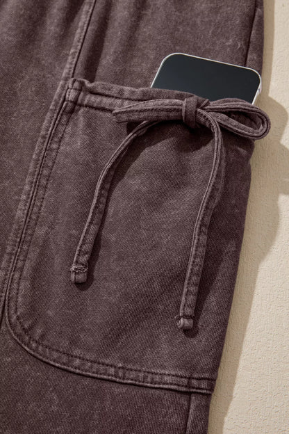 Mineral Wash Elastic Waist Drawstring Tie Detail Cargo Pants - Dark Brown - View 6