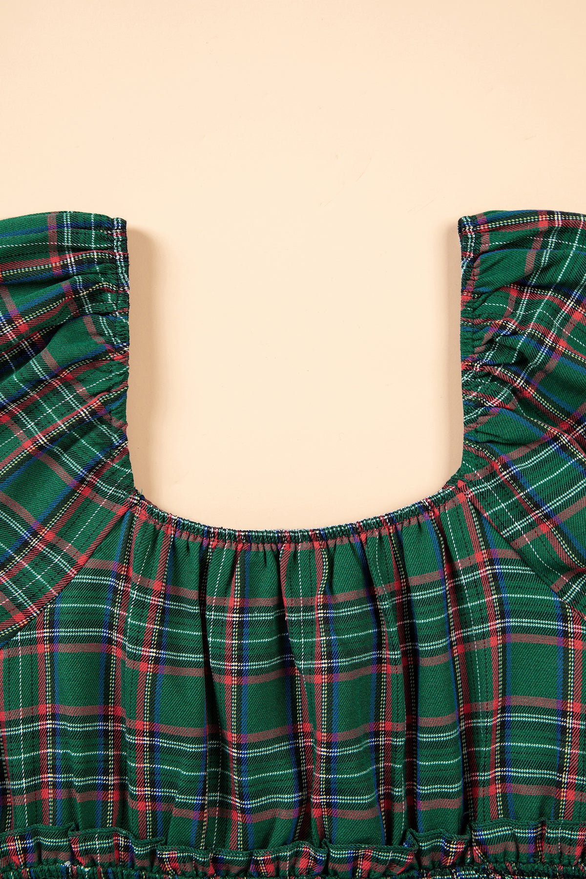Green Plaid Shirred U Neck Short Sleeve Mini Dress - product photo 7