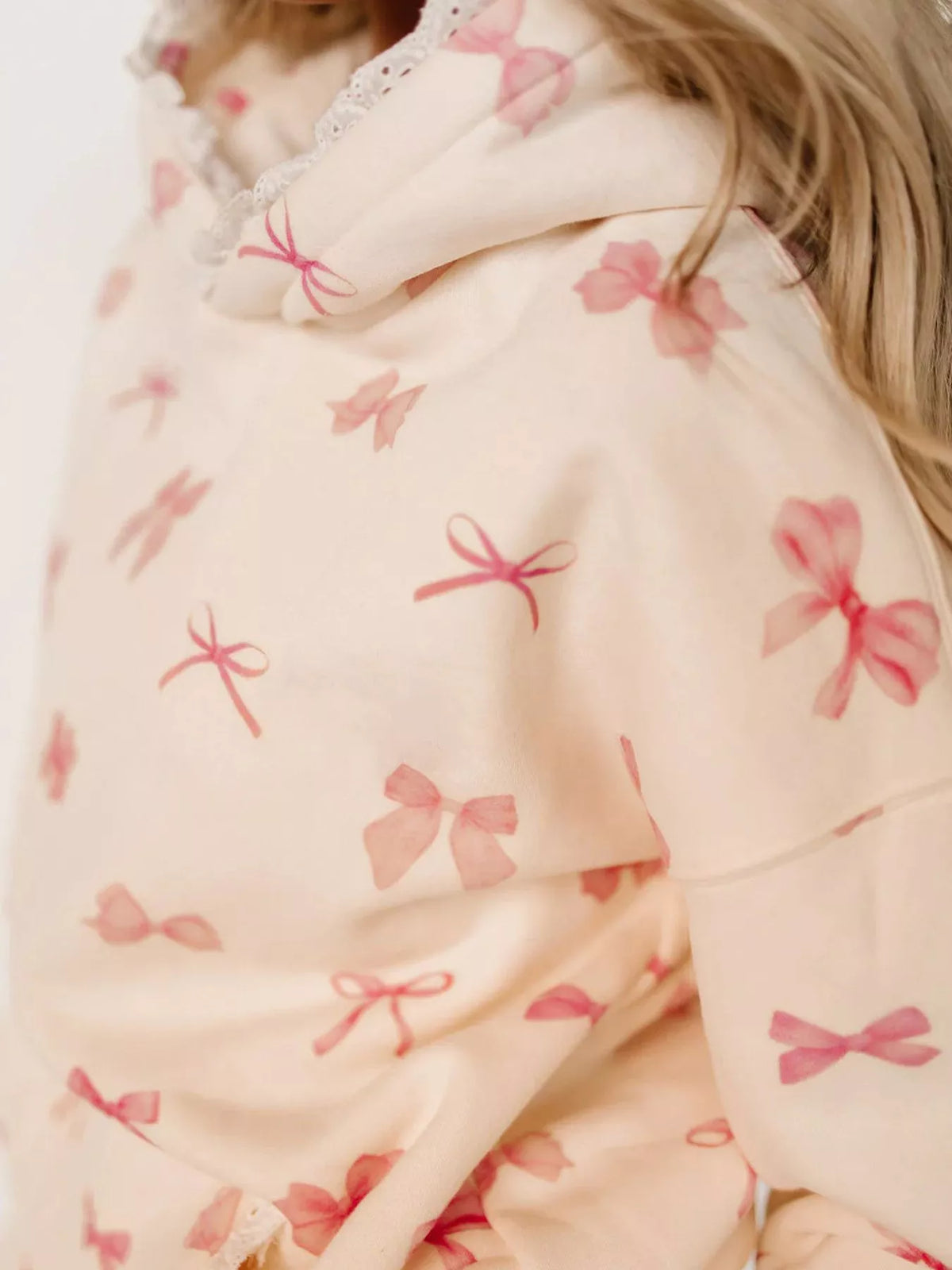 Lace Trim Kangaroo Pocket Hoodie - Bow - View 3