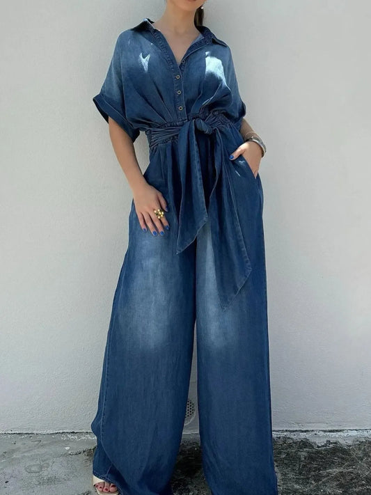 Button Front Wide Leg Denim Jumpsuit - product photo 2