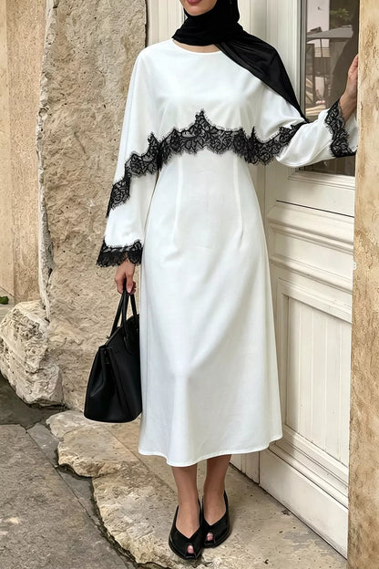 Lace Trim Round Neck Midi Dress - White - View 4