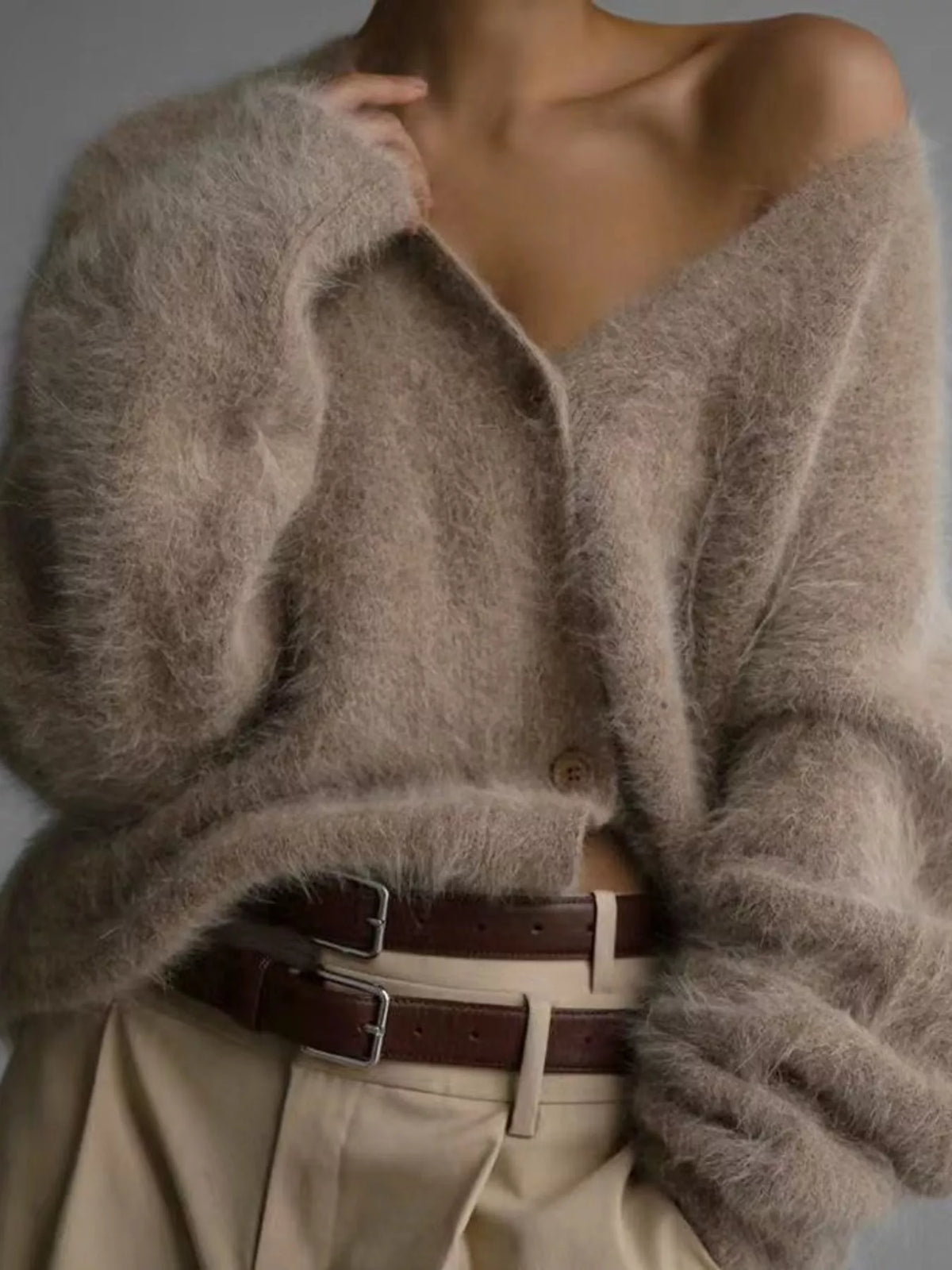 Fuzzy V-Neck Button-Down Cardigan - Camel - View 17