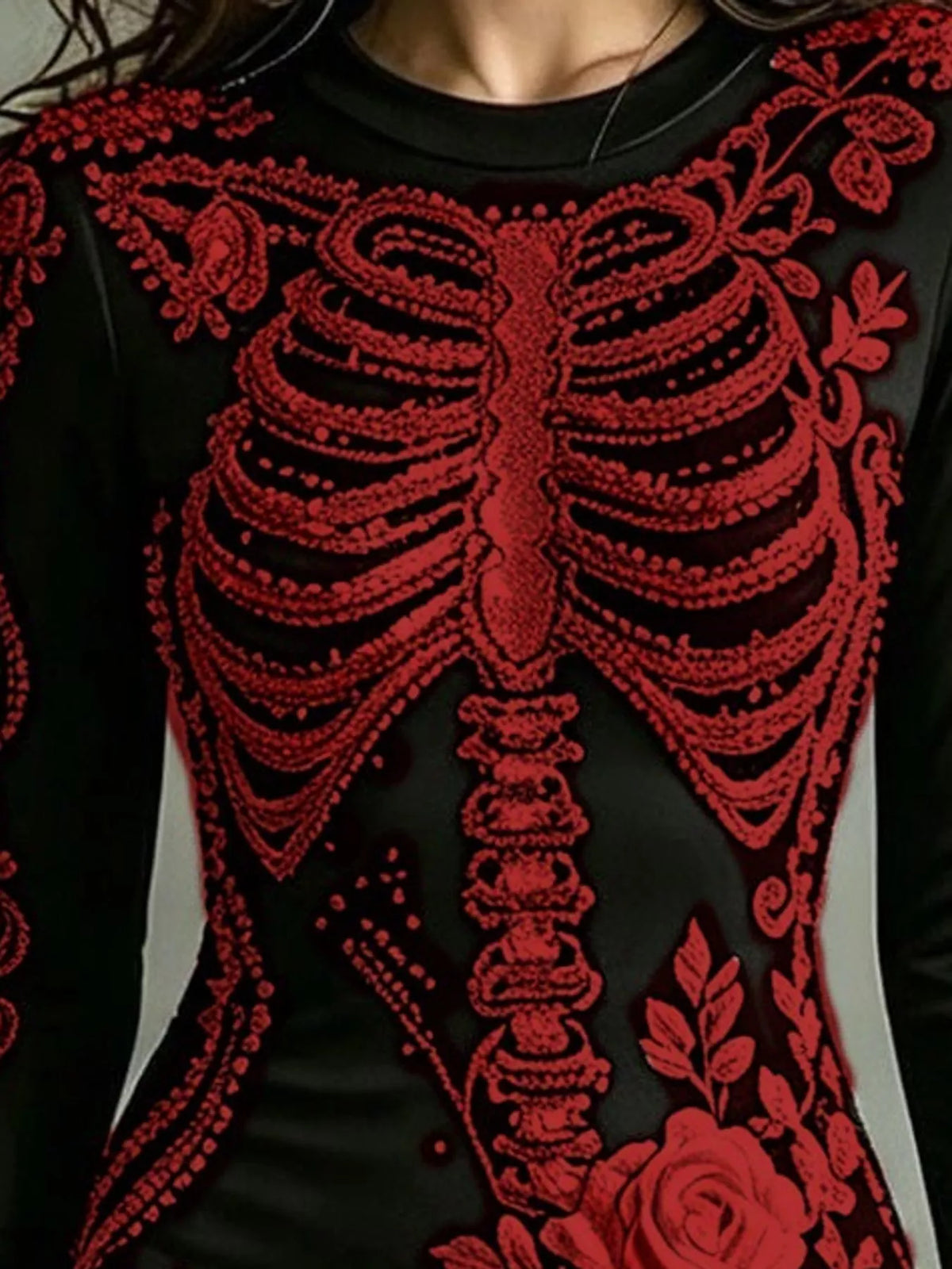 Skeleton Floral Long Sleeve Bodycon Dress - Dark Red - View 7