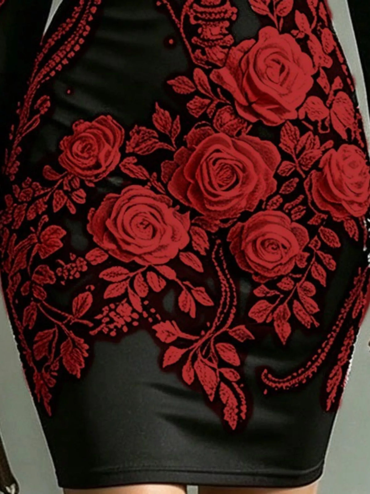 Skeleton Floral Long Sleeve Bodycon Dress - Dark Red - View 8