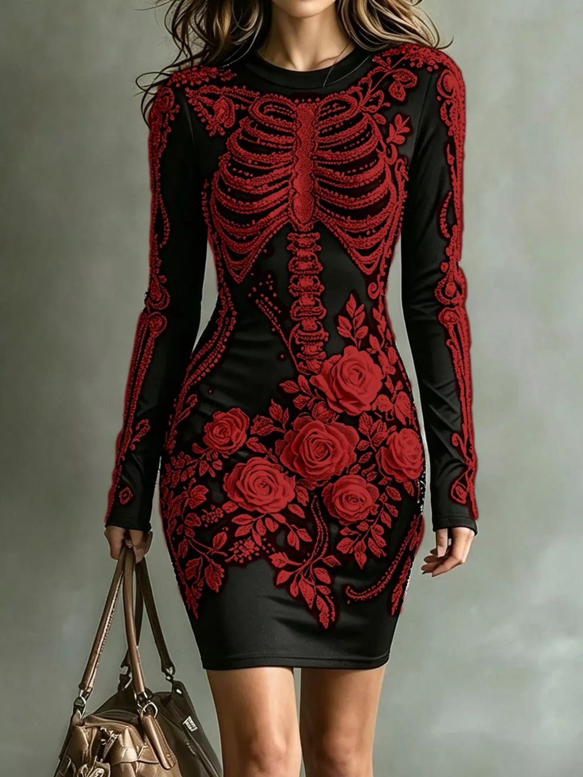Skeleton Floral Long Sleeve Bodycon Dress - Dark Red - View 6