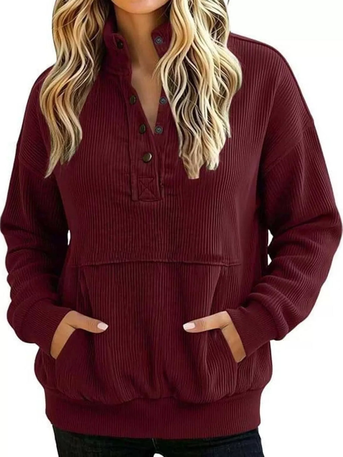 Full Size Quarter-Snap Sweatshirt with Kangaroo Pocket Plus Size - Wine Red - View 7
