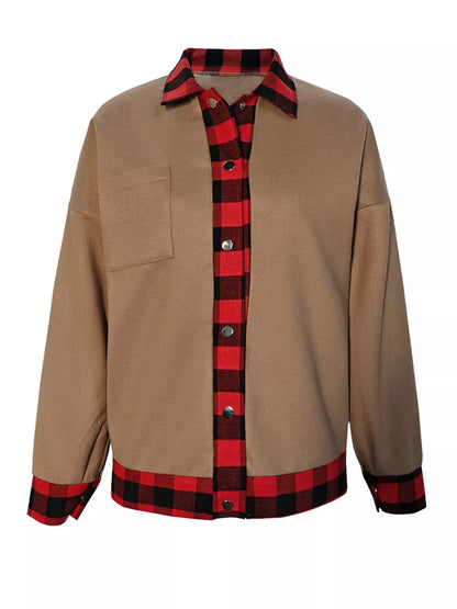 Plaid Button Up Casual Outerwear - Khaki - View 2