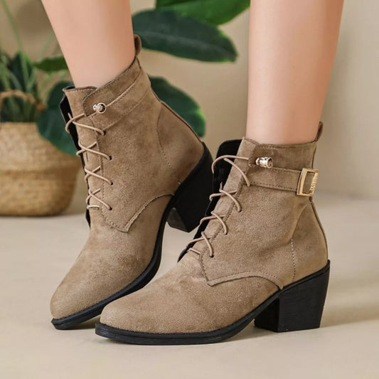 Round Toe Block Heels Boots - Khaki - View 1