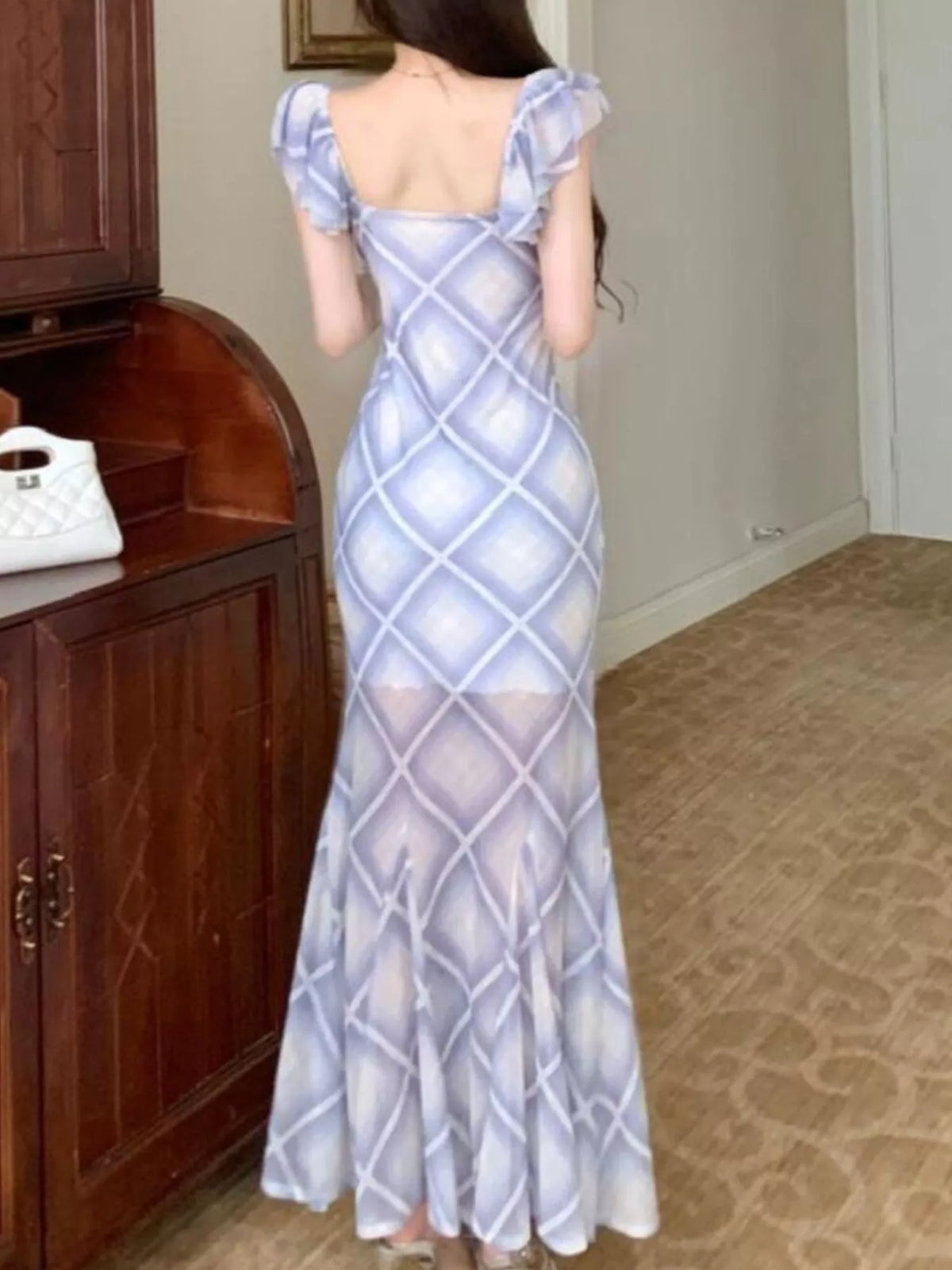 Plaid Ruffle Cap Sleeve Bodycon Maxi Dress - Blue - View 15