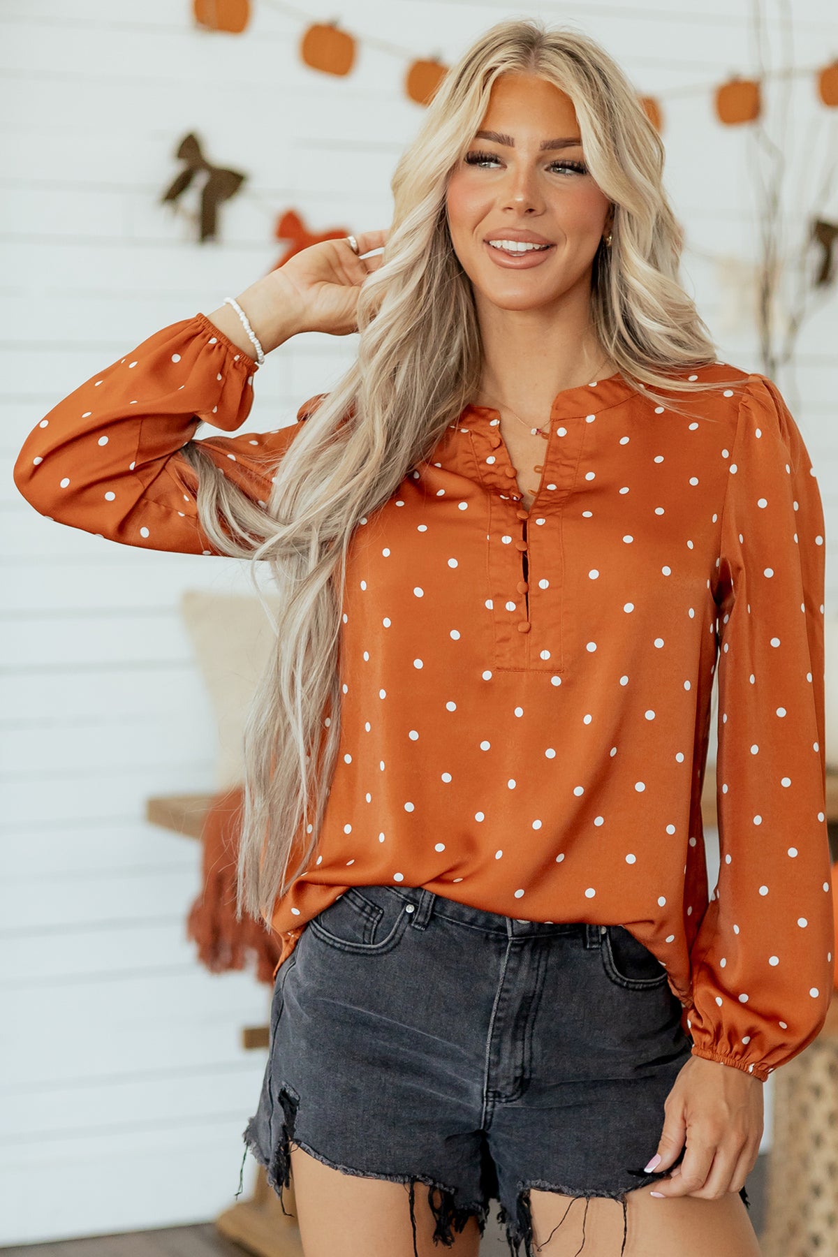 Brown Polka Dot Half Button V Neck Long Sleeve Blouse - product photo 13