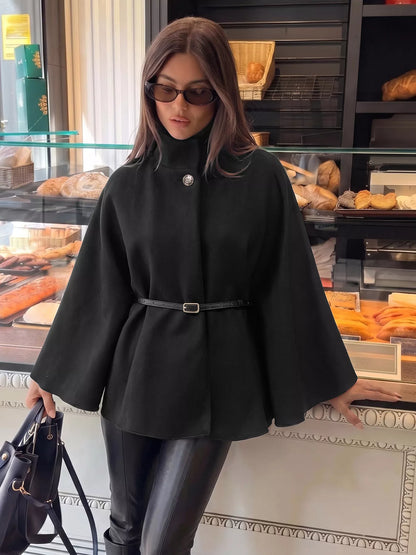 Stand Neck Cape Coat - Black - View 1