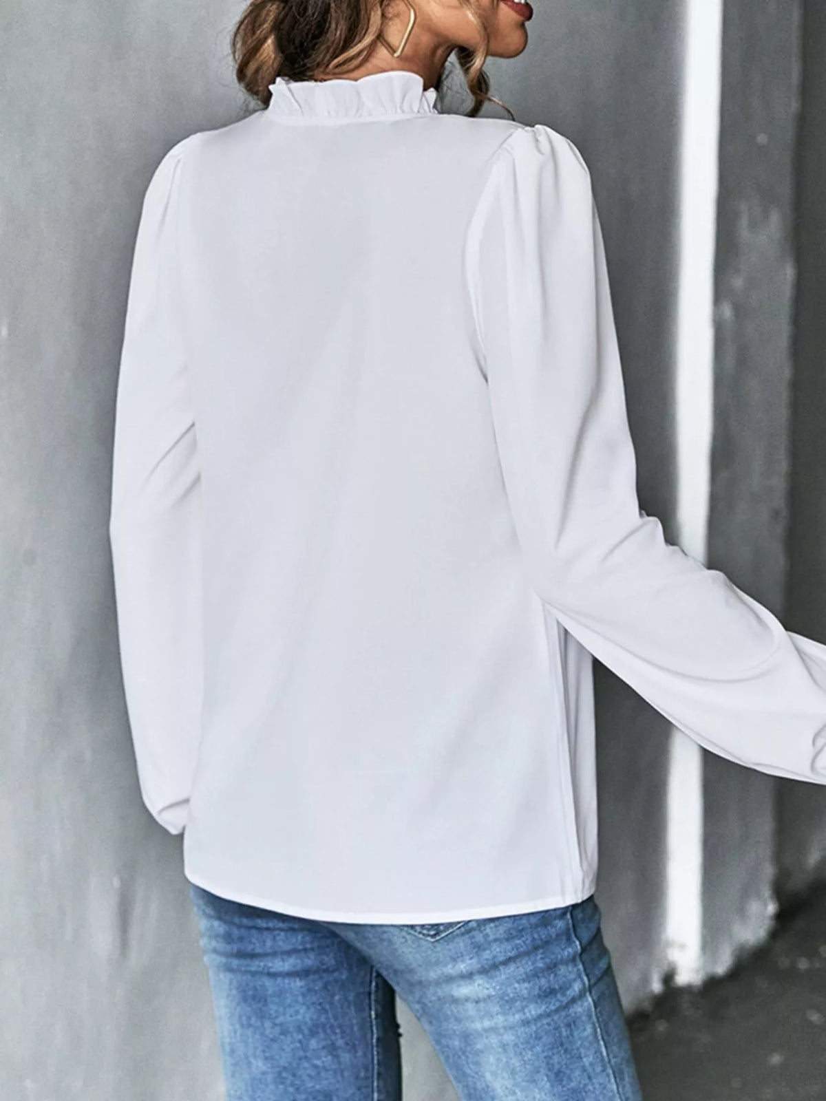 Ruffled Trim V-Neck Blouse - White - View 3