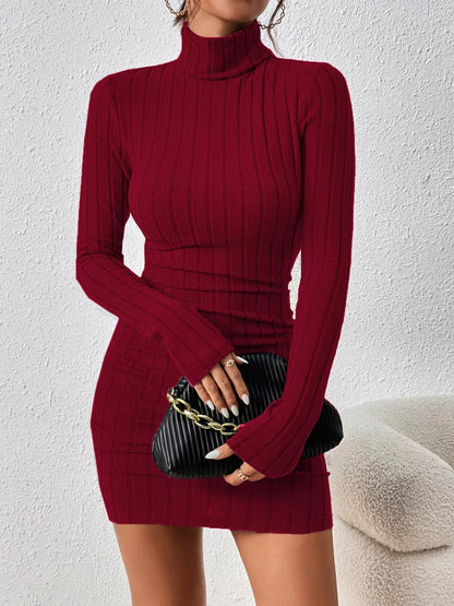 Turtleneck Ribbed Bodycon Knit Dress - Wine Red - View 1
