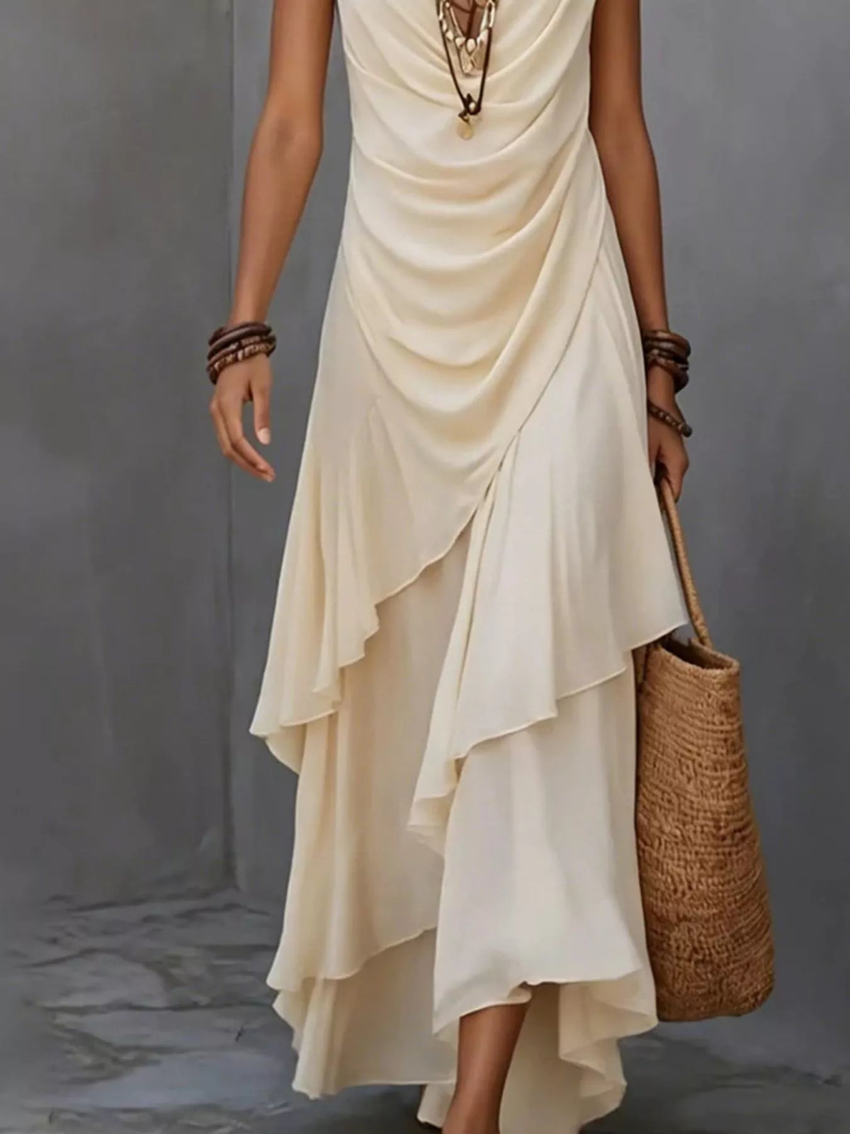 Sleeveless Layered Ruffle Hem Maxi Dress - Beige - View 3
