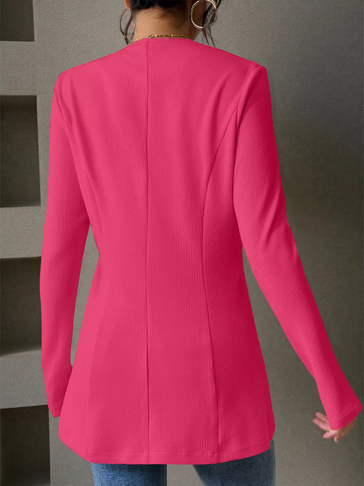 One Button Long Sleeve Blazer - Fuchsia Pink - View 4