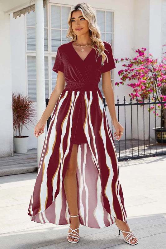 Smocked High-Low Printed Surplice Dress - product photo 1