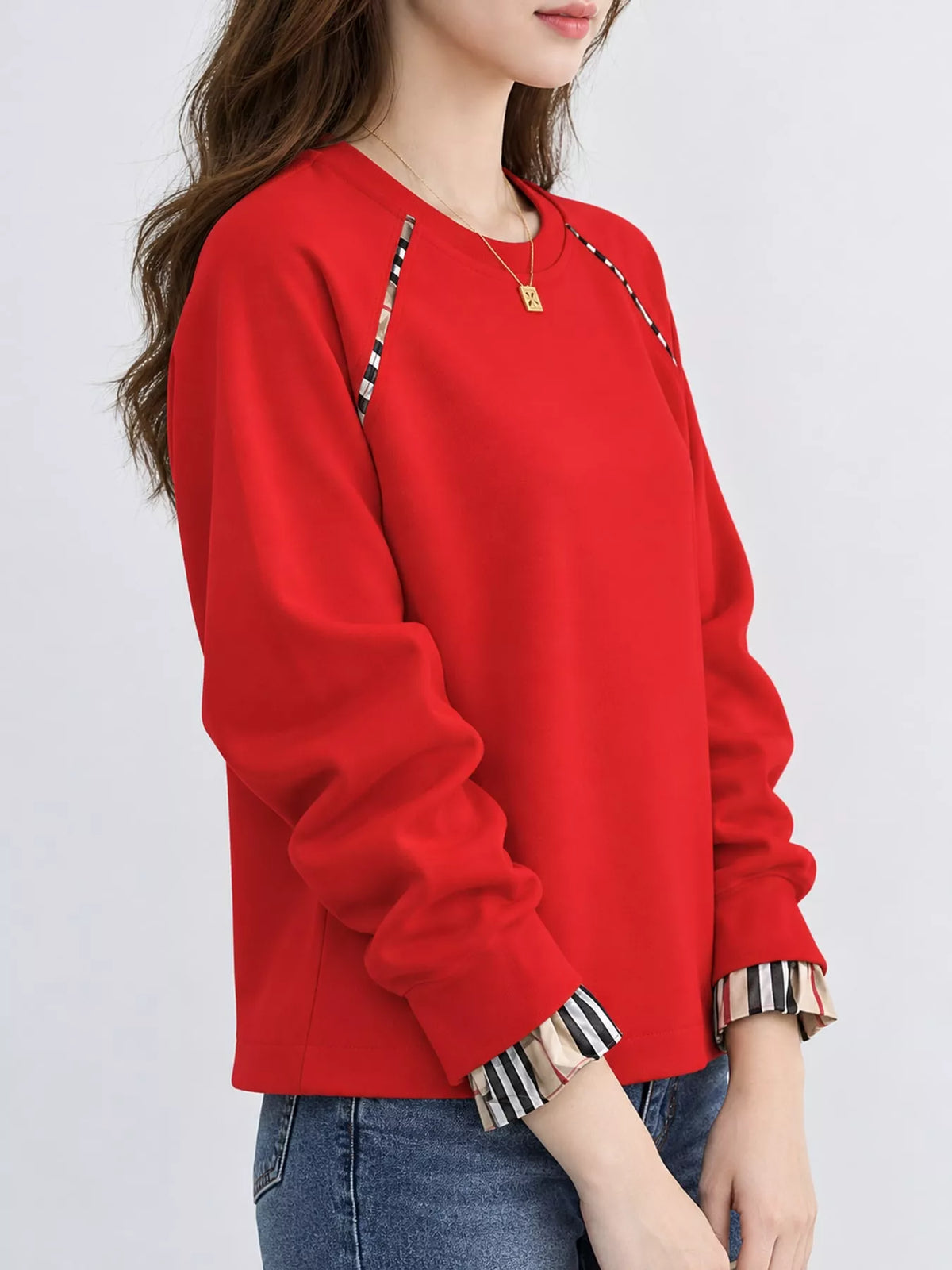 Plaid-Trimmed Crew Neck Sweatshirt - Red-Plain - View 6