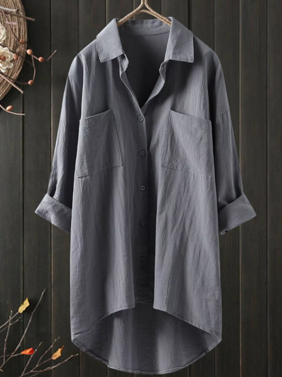 Full Size Casual Button-Down Shirt with Dual Chest Pockets Plus Size - Gray - View 17