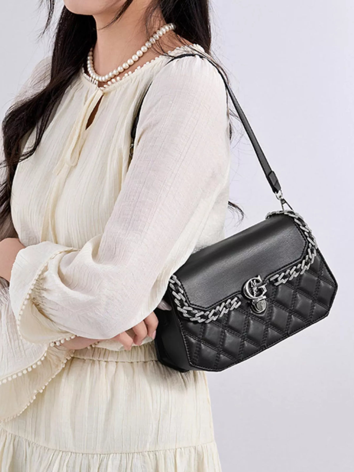 Quilted PU Leather Crossbody Bag with Rhinestone Decor - Black - View 10