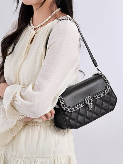 Quilted PU Leather Crossbody Bag with Rhinestone Decor - Black - View 10