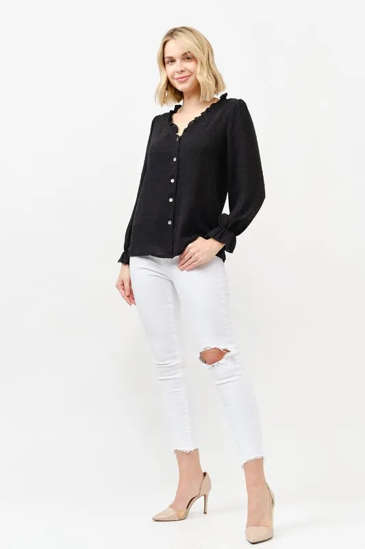 And The Why Polka Dot Ruffle Detailed Blouse Top - BLACK - View 2