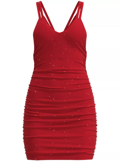 Glitter Ruched Bodycon Mini Dress - Wine Red - View 3