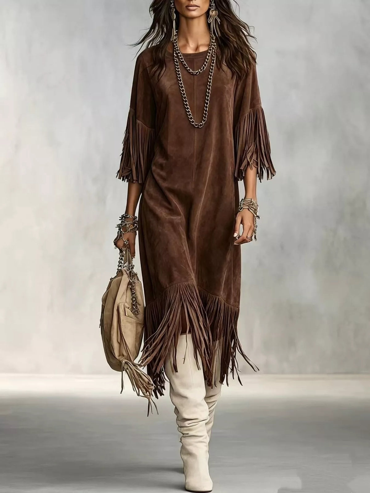 Fringed Round Neck Midi Dress - Blue - View 3