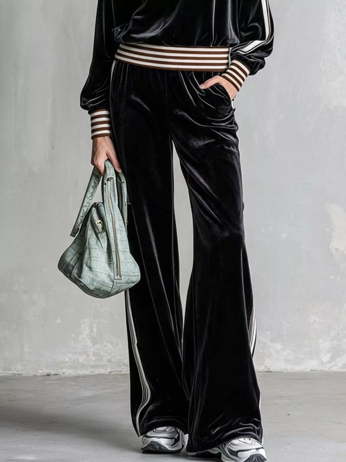 Striped Half Zip Top and Pants Set - Black - View 3
