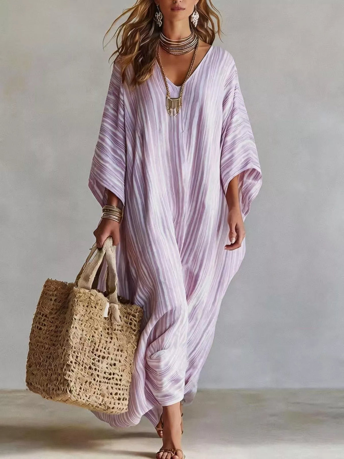 Striped V-Neck Maxi Dress - Pink Purple - View 1