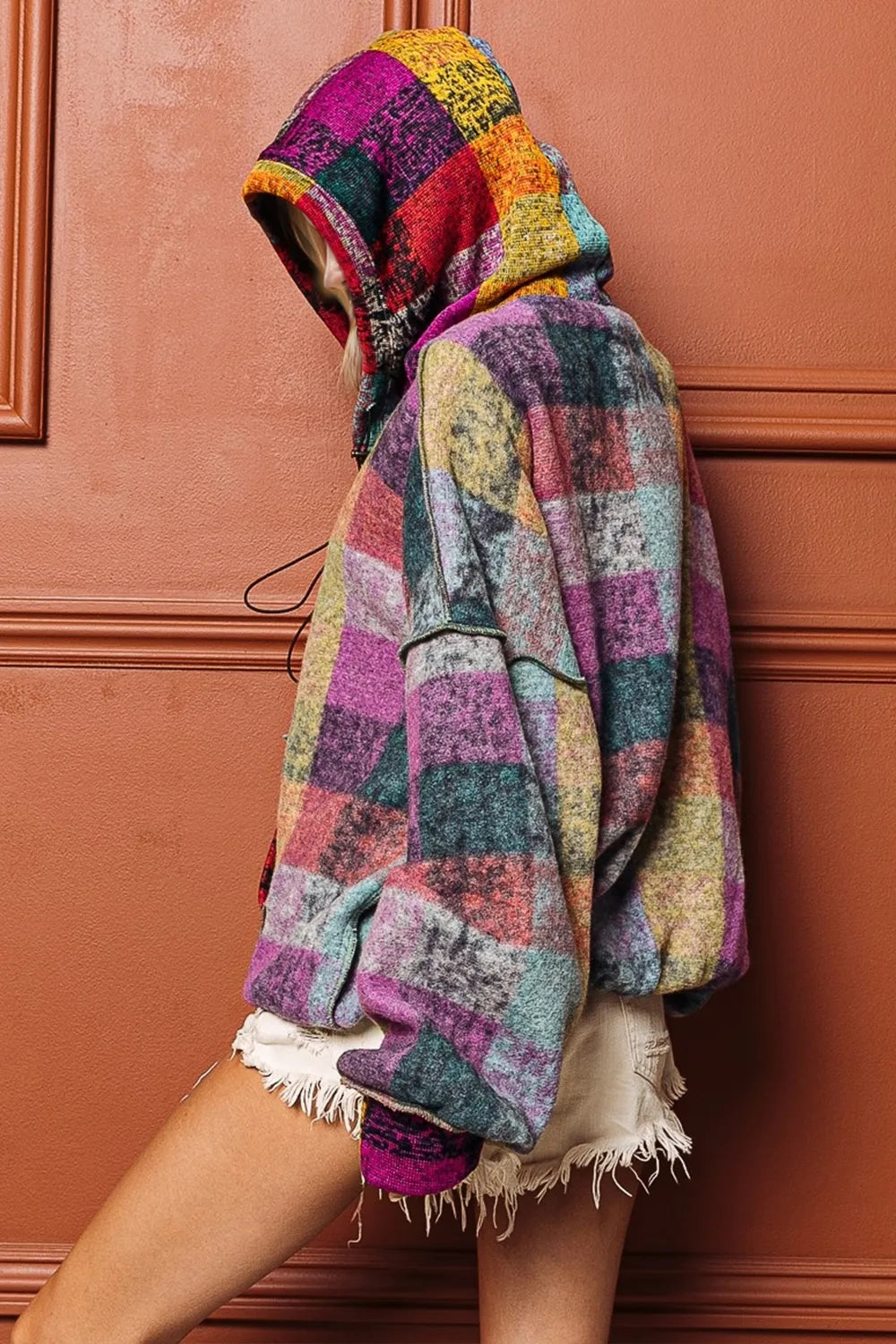 Double Take Full Size Half Zip Exposed Seam Fleece Hoodie - Multicolored - View 2