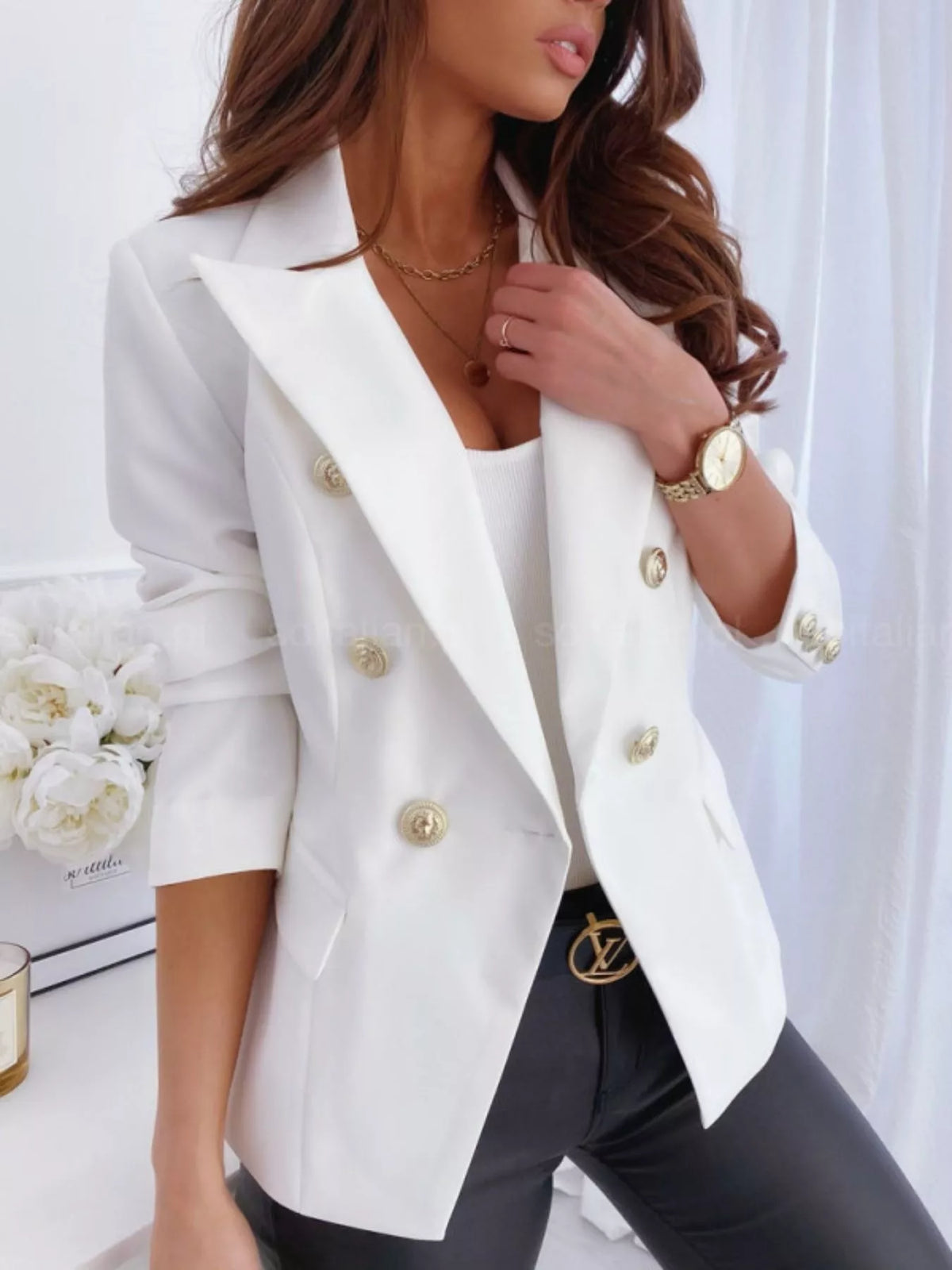 Double-Breasted Long Sleeve Blazer - White - View 8